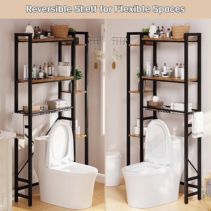 Insdiy Over The Toilet Storage with Side Shelf, 7 Tier Bathroom Organizer Rack with Paper Holder, Hooks and Basket, Freestanding Above Toilet Shelf for Laundry, Quick Interlock Install (Vintage Brown)
