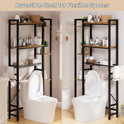 Insdiy Over The Toilet Storage with Side Shelf, 7 Tier Bathroom Organizer Rack with Paper Holder, Hooks and Basket, Freestanding Above Toilet Shelf for Laundry, Quick Interlock Install (Vintage Brown)