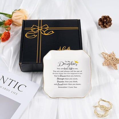 Jelershy Daughter Gifts Ring Jewelry Dish Tray - Christmas Valentines Mother's Day Wedding Birthday Gifts for Daughter from Mom - You Are God's Gift to Me... You're Brever Stronger Smarter Loved