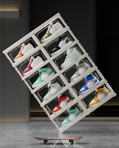 RILBOX X-Large Sturdy Foldable Shoe Rack Sneaker Container Clear Plastic Stackable Space Saving Shoe Storage Boxes Organizers Bin Holder with Lids for Entryway, Closet 6 Tier - 14.0" W Hold 6 Pairs