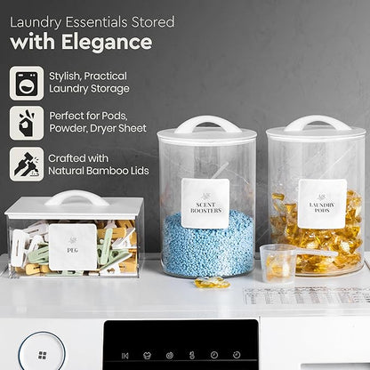 Laundry Pod Storage Container Set | Two 3L Glass Jars & One Acrylic Dryer Sheet Container with Bamboo Lids – Includes 2 Scoops, 60 Waterproof Laundry Labels – Dishwasher Safe