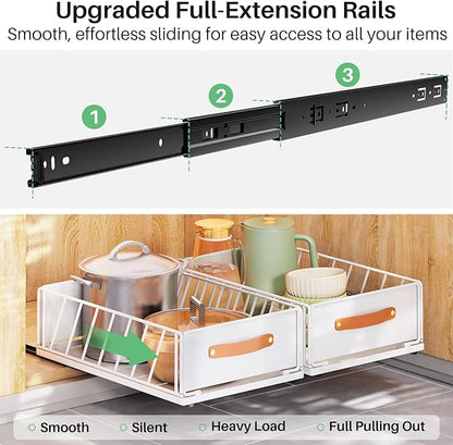Pull out Cabinet Organizer Fixed with Adhesive Nano Film,Heavy Duty Slide out Pantry Shelves Drawer Storage,Sliding Mesh Basket with Handle for Kitchen, Bathroom,Home, 11.8W"X 15.7D"X6.2"H(4PCS)