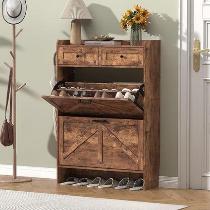 Shoe Cabinet with 2 Flip Drawers & 2 Storage Drawers, Rustic Farmhouse Narrow Shoe Organizer Cabinet, Slim Shoe Rack Cabinet, Shoe Storage Cabinet for Entryway, Hallway, Front Door