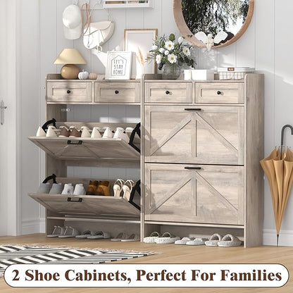Shoe Cabinet with 2 Flip Drawers & 2 Storage Drawers, Rustic Farmhouse Narrow Shoe Organizer Cabinet, Slim Shoe Rack Cabinet, Shoe Storage Cabinet for Entryway, Hallway, Front Door