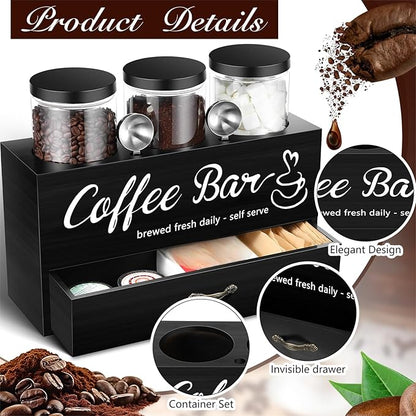 3 Pcs Coffee Canister Set with Shelf and Spoon Plastic Coffee Bean Storage Container with Lids Coffee Storage Box with Drawer Food Storage Jars for Coffee Bar Kitchen (Black)