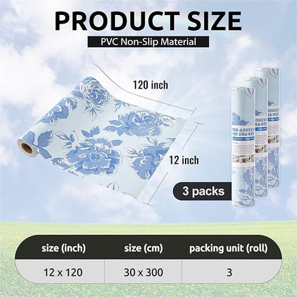 FIFTY FEET 12X120 Inch Shelf Liner for Kitchen Cabinets, PVC Drawer Liner for Dresser Non-Slip Bathroom, Non-Adhesive Cabinet Liner Washable (Blue Flower)(3 Roll)