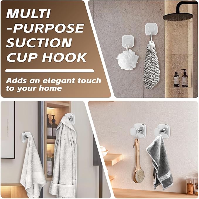 Supopular Suction Cup Hooks for Shower Heavy Duty No-Drill– Reusable Multi-Purpose Hooks Adheres to Glass, Mirrors, Tiles & Smooth Surfaces for Towels, Robes, Loofah& Body Sponge (2, Chrome Polished)