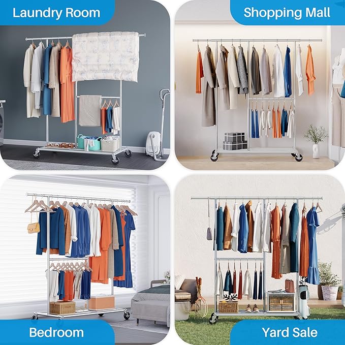 HOKEEPER Clothes Rack, Clothing Rack for Hanging Clothes Heavy Duty Garment Rack with Wheels Commercial Portable Freestanding Closet Rack with Shelves for Bedroom, Living Room, Laundry, Balcony, White