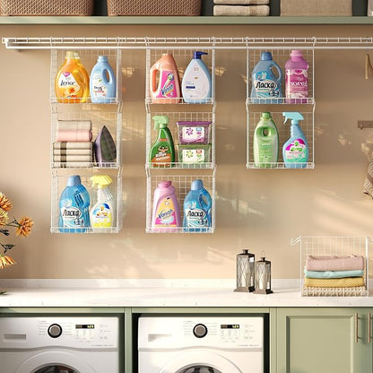 3-Pack Extra-Tall 13.6'' Hanging Laundry Basket Organizer, Foldable Wire Shelf with 360° Rotating Hooks & Reinforced Height - Durable Space-Saving Laundry Room & Closet Organizer, White Patent