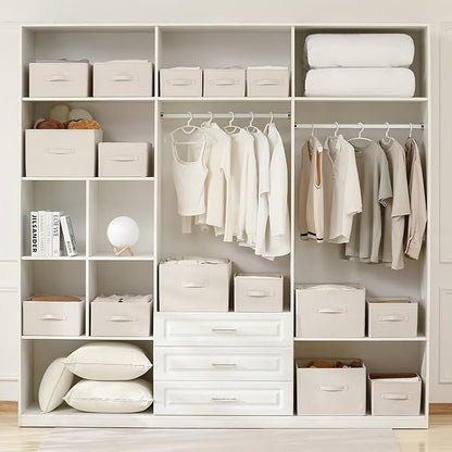 Linen Folding Storage Bins, 3 Pack Large Storage Baskets, Washable, Clothing Storage Bins with Handle, Closet Organizer for Storage Sweater,Sheets(Beige, 18½"x13½"x8½")