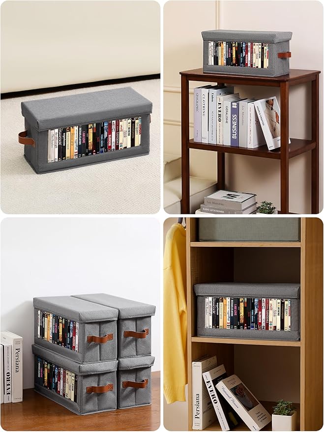 4 Pack DVD Storage Box with Visible Window, Dustproof CD/DVD Case Holder Organizer Rack Can Hold Up to 104 DVD, Blu-ray & CD Storage, Stackable and Lid Design-Grey
