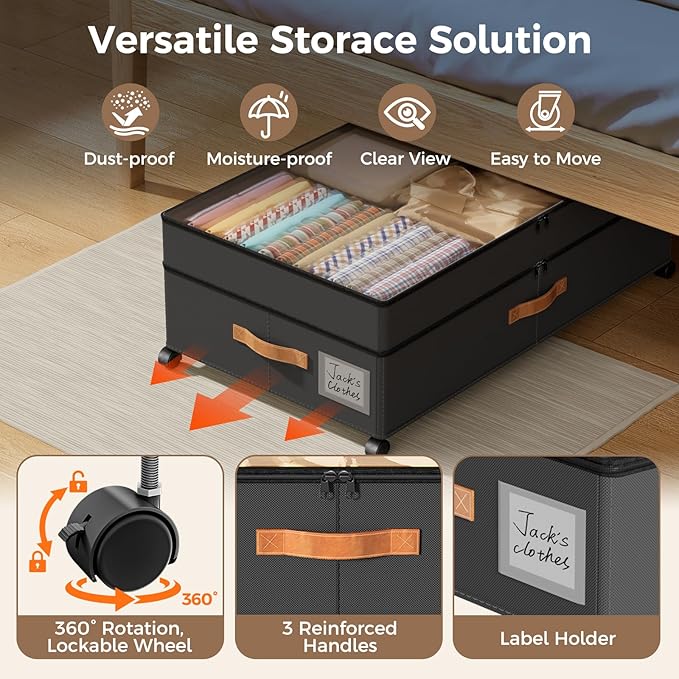 LYCDZT Under Bed Storage with Wheels, Large Capacity UnderBed Containers with Clear Lids, Shoe Organizer Under Bed Drawers, Rolling Under the Bed Storage for Clothes, Shoes, Blankets