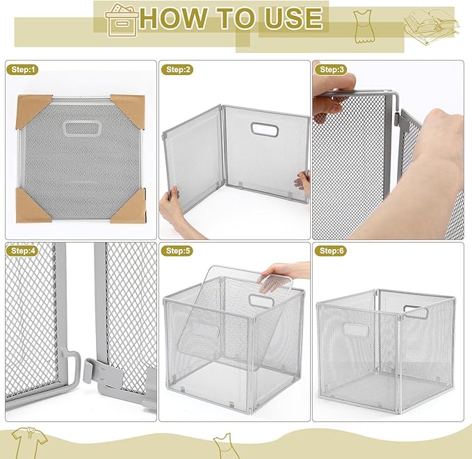 2 Pcs Foldable Metal Cube Storage Baskets 13x13 Kitchen Wire Baskets Stackable Mesh Laundry Organizer Bin with Handles for Shelves Kitchen Pantry Cabinets Closet Food (Gray)