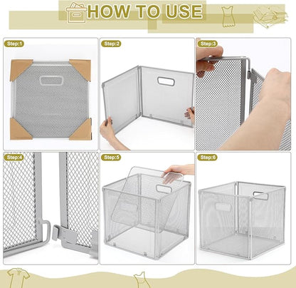 2 Pcs Foldable Metal Cube Storage Baskets 13x13 Kitchen Wire Baskets Stackable Mesh Laundry Organizer Bin with Handles for Shelves Kitchen Pantry Cabinets Closet Food (Gray)