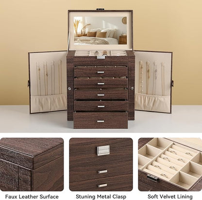 Frebeauty Large Jewelry Box,6-Tier PU Leather Jewelry Organizer,Multi-functional Storage Case with Mirror,Accessories Holder with 5 Drawers for Necklace Bracelets Watches(Tree Brown)