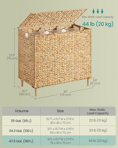 SONGMICS Laundry Hamper 3 Sections, 47.5 Gal. (180 L) Handwoven Water Hyacinth Wicker Laundry Basket with Lid, Natural Material, Removable Machine Washable Liners, Handles, Natural ULCB203Y01