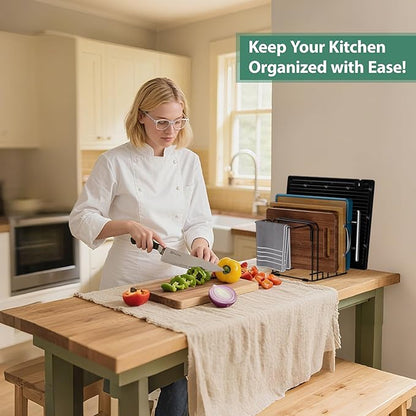 KMUZAWN Cutting Board Organizer,5-Slot Steel Kitchen Storage Rack for Cutting Boards, Baking Trays,towel,and Thin Pans-Space-Saving Kitchen Storage(Black, 3 Pack)