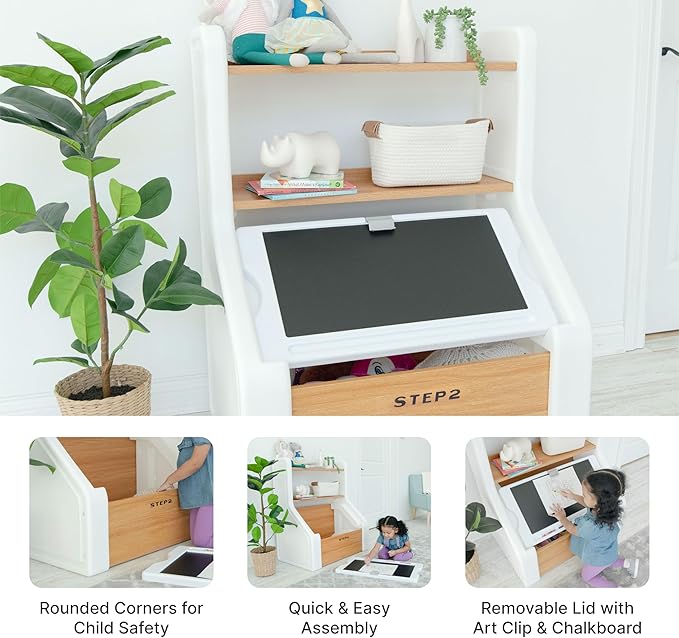 Step2 Harmony Toy Storage Box, Wood and Plastic, Shelves for Books, Toy Storage Bin with Chalkboard Lid and Clip, Easel and Toy Organizer in One, White