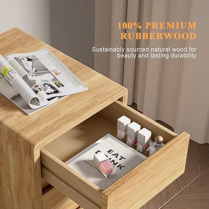 Nightstand 2 Drawers with Open Shelf Narrow Night Stand Solid Wood Bedside Table Mid Century Modern Nightstand Wooden End Table for Bedroom, Living Room, Study, Office