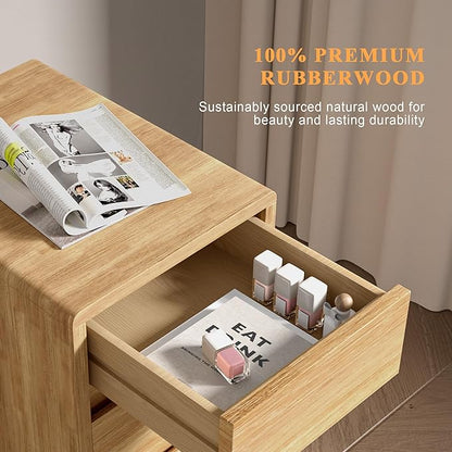 Nightstand 2 Drawers with Open Shelf Narrow Night Stand Solid Wood Bedside Table Mid Century Modern Nightstand Wooden End Table for Bedroom, Living Room, Study, Office
