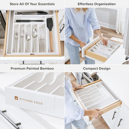 KitchenEdge Premium Silverware, Flatware and Utensil Organizer for Kitchen Drawers, Food-Safe Contract Grade, Expandable from 14.5 to 25 In, White Bamboo
