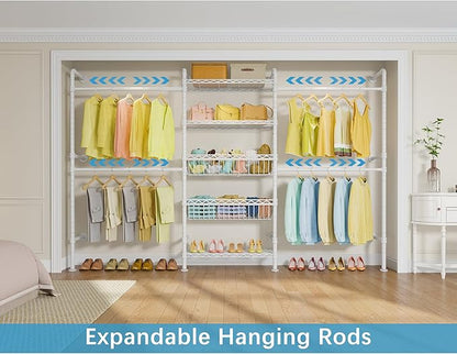 Timate X3i Garment Rack for Hanging Clothes Load 980lbs, Expandable Wall Mounted Closet System with Baskets Industrial Pipe Heavy Duty Clothes Rack Walk in Closet, Adjustable from 5'10" to 8'3", White