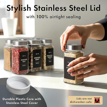 Glass Spice Jars with Labels and Steel Lids (24 x 4oz) Spice Containers with 240 Label, Steel Funnel, Shaker Inserts, Empty Square Seasoning Organizer for Spice Rack, Cabinet, Drawer