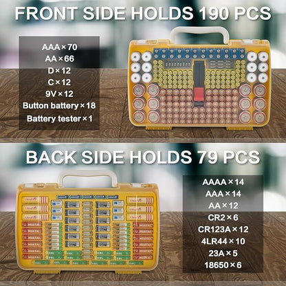 Battery Organizer Storage Holder Case with Double-Sided, Garage Box with Tester Checker. Batteries Container for 269pcs AA AAA AAAA 3A 4A 9V C D Lithium 4LR44 CR2 CR123A CR1632 CR2032 18650 - Yellow