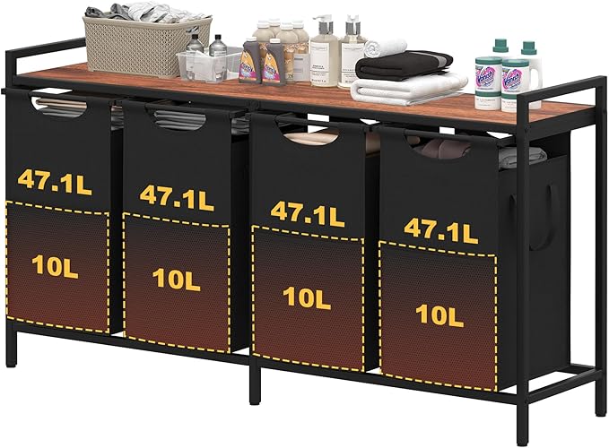 Heybly Laundry Hampers,4 × 15Gal (228 L) Laundry Basket with Large Desktop Sorter for Laundry Room organization, Bathroom and Dorm Laundry Bags on Storage Shelf, Walnut HLH004WB