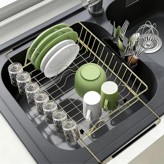 HAYAWEY Golden Expandable Dish Drying Rack-Extra Large Stainless Steel Dish Drainer Over The Sink for Kitchen Countertop with Utensil Holder, Applicable for Sink Width 16'-22' (Gold,23.2'*12.2')
