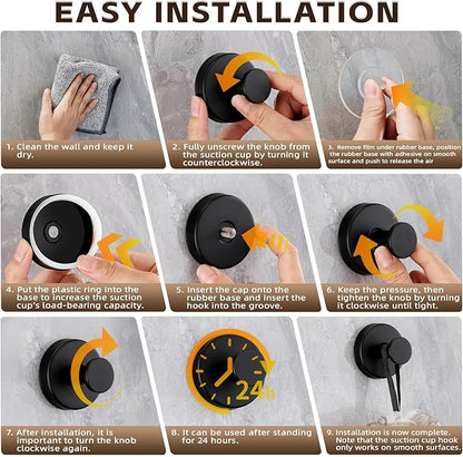 Supopular Reusable Heavy Duty Suction Cup Hooks for Kitchen/Bathroom/Shower - Wet-Proof Hooks for Towels, Robes, Loofah&Wreaths/No Drill Mounting on Glass, Tile, Metal (2, Matte Black)