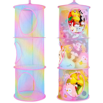 Basumee Stuffed Animals Net or Hammock 2 Pcs Stuffed Animals Storage Toy Net Hammock for Plushies Storage Organizer Mesh Kids Girls Room Decor, Rainbow, 3 Tiers