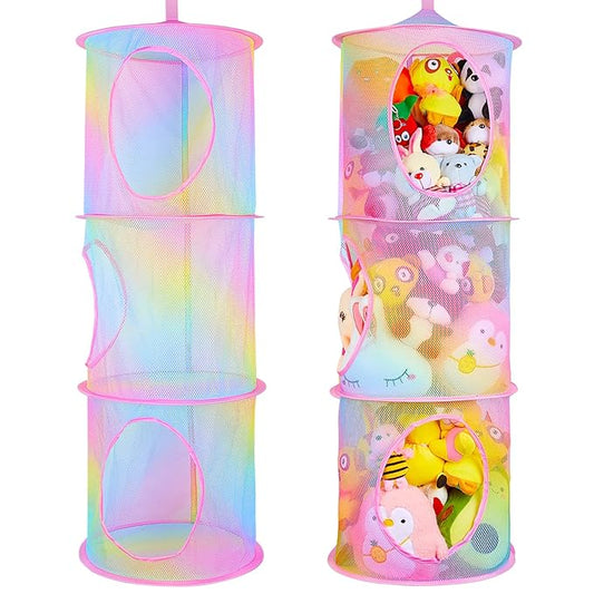 Basumee Stuffed Animals Net or Hammock 2 Pcs Stuffed Animals Storage Toy Net Hammock for Plushies Storage Organizer Mesh Kids Girls Room Decor, Rainbow, 3 Tiers