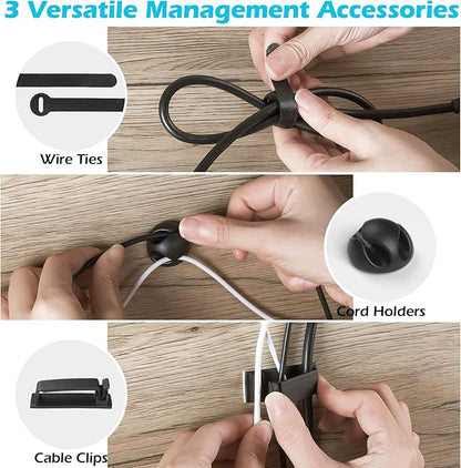 KHAMAL Cable Management Under Desk 26PCS - Cable Management Tray Kit Ventilated Hexagonal Design with Cable Clips, Wire Ties, Cord Holder & Screws for Office, Home (Black)