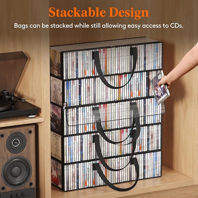 Lifewit CD Storage Bags, Clear PVC Plastic CD Case Holder with Handles, Front Window Zipper Design, Stackable Media Organizer Box for Albums, Hold up to 100 Pcs CDs (50 Each), 2 Pack