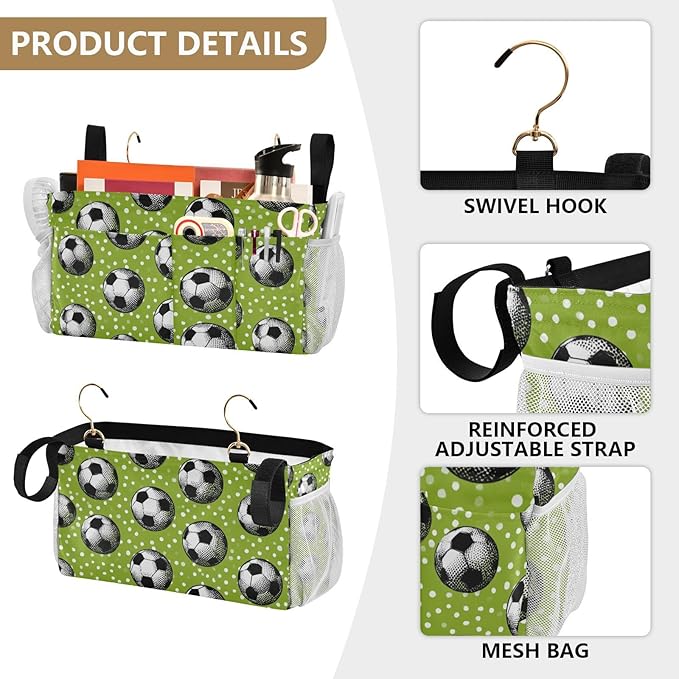 CuwrYet Bedside Caddy Hanging Bunk Bed Caddy Bed Organizer Hanging Pocket with 2 Hooks Bedside Storage Organizer Pocket Bag Holder Deep Green Soccer Balls Dots