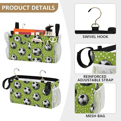 CuwrYet Bedside Caddy Hanging Bunk Bed Caddy Bed Organizer Hanging Pocket with 2 Hooks Bedside Storage Organizer Pocket Bag Holder Deep Green Soccer Balls Dots