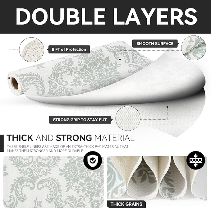 RAY STAR Shelf Liner, Non Adhesive Sage Green Damask Floral Kitchen Cabinet Liner for Pantry Drawer Pantry, Non Slip Waterproof, Shelf Liners for Kitchen Cabinets Cupboard 18 Inch x 8 FT (5 Rolls)
