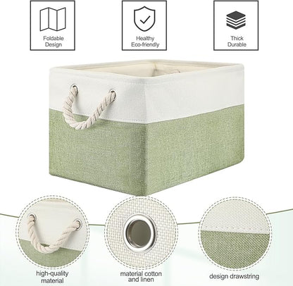 meekoo 8 Pack Collapsible Storage Bins Fabric Storage Bins Polyester Fabric Baskets with Handles Linen Closet Organizer for Shelf Home Closet Towels Toys(15 x 11 x 9.5 in,Green White)