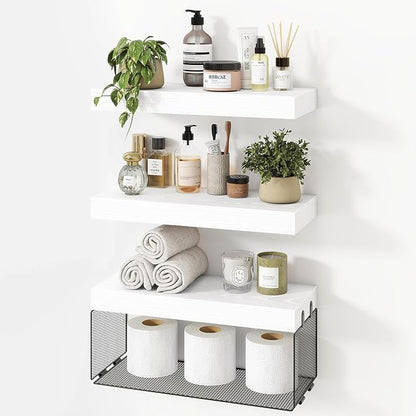 Bathroom Floating Shelf for Wall,16 inch Wall Mounted Floating Shelves Toilet Organizer and Storage,Small Farmhouse Decor Shelf,White,Set of 3