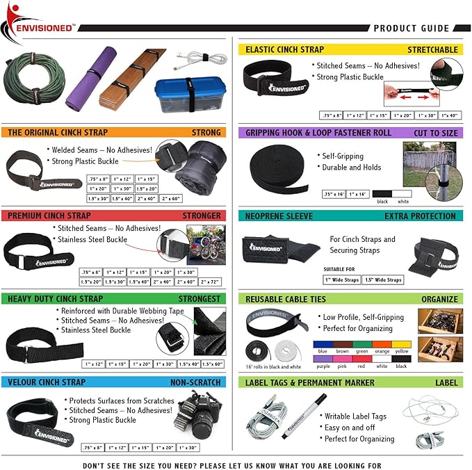 16ft x 1/2 inch Hook Loop Cable Ties Roll | ENVISIONED Multipurpose Fastening Reusable Straps | Cut-To-Length Self Gripping Fastener | Cable Management Tape (White)