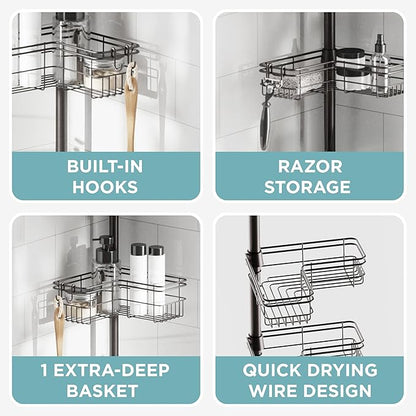 Zenna Home Tension Pole Shower Caddy Corner Organizer, Adjustable Standing Shower Caddy with 4 L-shaped Baskets and Hooks, Rust Resistant Bathroom Tension Rod Organizer, 60 to 97 Inch, Bronze