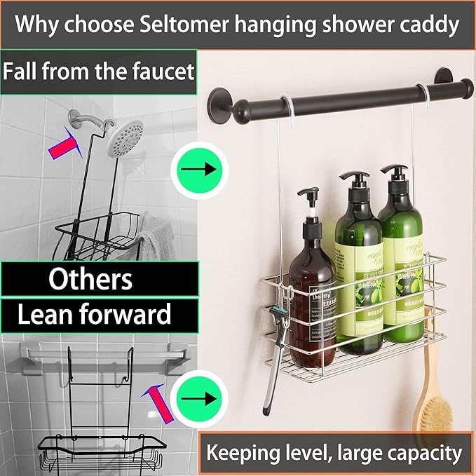 Seltomer Shower Caddy Hanging Shower Rack SUS304 Stainless Steel Hanging Shower Orangizer with Hooks Over The Door, Shampoo Basket Storage (Single-Layer)