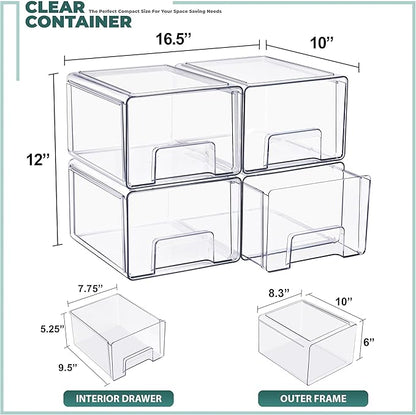 Sorbus Large Clear Stackable Storage Drawers 4-Pack Plastic Organizer Bins with Handles Pull-Out Drawers for Bathroom Closet, Medicine, Cabinet, Pantry Storage, Baby Bottle Organizer