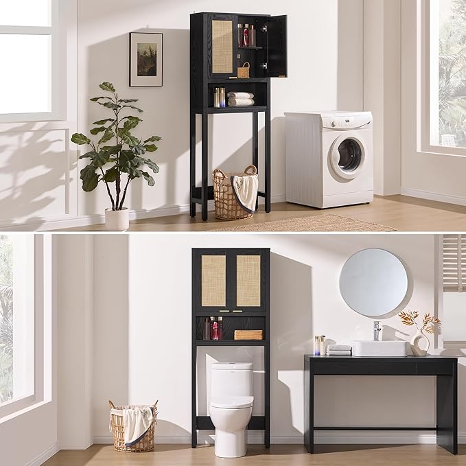 SICOTAS Over The Toilet Storage Cabinet with Rattan Door, Freestanding Bathroom Organizer with Adjustable Shelf, Space Saver Cabinet for Bathroom, Laundry Room, Restroom