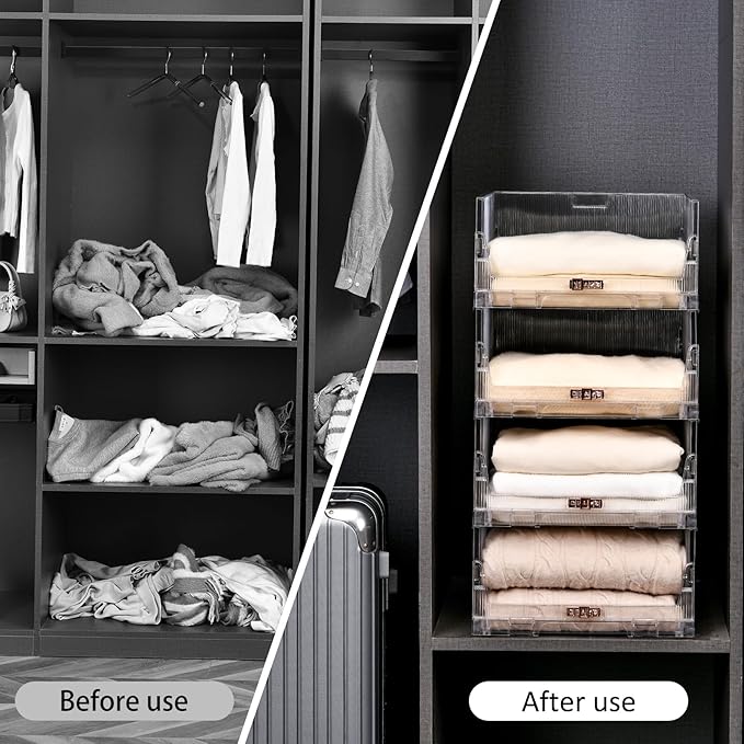 AOTENG STAR Stackable Closet Organizers and Storage Box, Clear Plastic Drawer Shelf Storage Basket for Bathroom Kitchen Laundry Room Wardrobe Storage (4 pack)