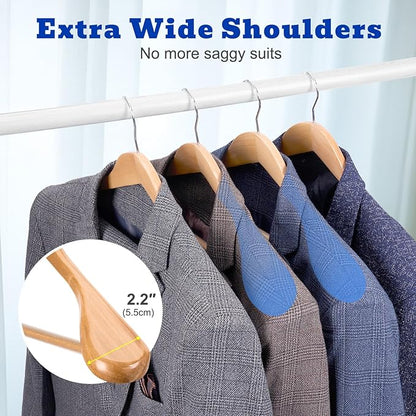 HOUSE DAY Wood Suit Hangers for Men, Smooth Wide Shoulder Wooden Hanger with Non Slip Pant Holder, Wide Hangers for Suits, Coats, Jackets, Heavy Wide Clothes Hanger 2 Pack, Natural