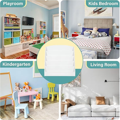 TOETOL 5-Tier Kids Bookshelf - Toddler Book Display Shelves for Classrooms, Playrooms, and Nursery - Wooden Children Book Rack (White)