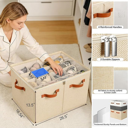 TOPIA HOME Shoe Organizer for Closet, Foldable Shoe Box with Adjustable Dividers and Clear Cover, Space Saving Shoe Storage Organizer Cabinet with Reinforced Handles, Fits 16 Pairs TP09J