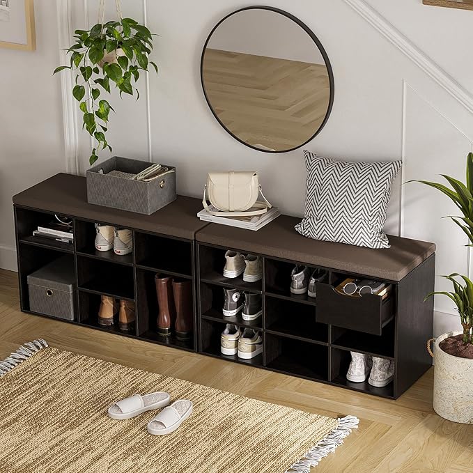 DINZI LVJ Shoe Bench, 9 Cubbies Shoe Organizer for Entryway, Storage Bench with Cushion, Cubby Shoe Rack with Adjustable Shelves for Living Room, Bedroom, Mudroom, Hallway, Espresso